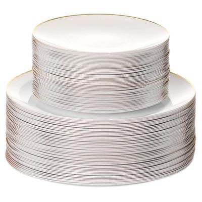 100PCS White Dinnerware Combo | 50 Gold Rim Appetizer/Dessert Plates (7.5in) & 50 Dinner Plates (10in) | Heavy Duty Disposable Plastic Plates For Wedding, Parties, Catering