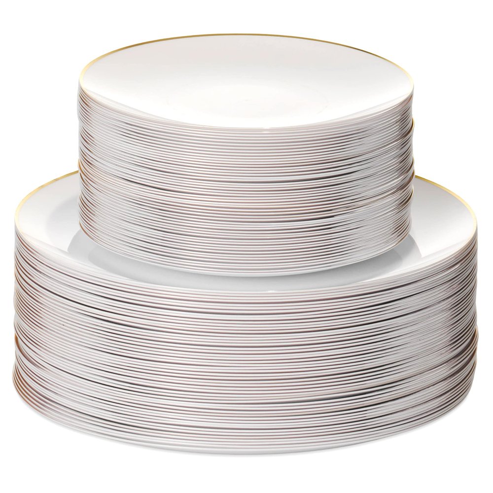 100PCS White Dinnerware Combo | 50 Gold Rim Appetizer/Dessert Plates (7.5in) & 50 Dinner Plates (10in) | Heavy Duty Disposable Plastic Plates For Wedding, Parties, Catering