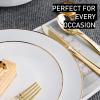 100PCS White Dinnerware Combo | 50 Gold Rim Appetizer/Dessert Plates (7.5in) & 50 Dinner Plates (10in) | Heavy Duty Disposable Plastic Plates For Wedding, Parties, Catering view 3