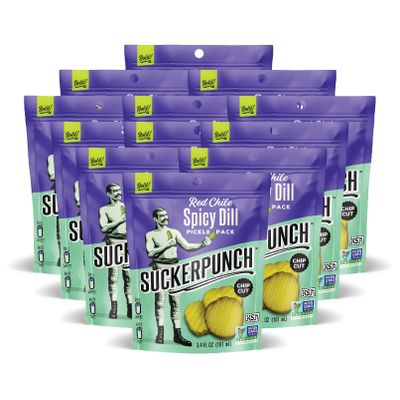 SuckerPunch Red Chile Spicy Dill Pickle Chips, Hot, Spicy Gluten Free Pickles, Sugar Free, Low Calorie, Kosher, Fresh Pickle Chips, Non GMO, Keto Friendly, Vegan, 3.4 FL Oz, Snack Pouches (12 Pack)