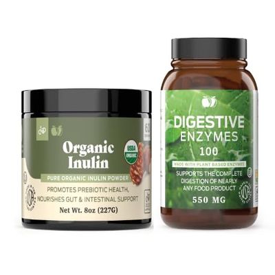 Complete Natural Products Pure Organic Inulin Powder 8oz & Digestive Enzymes 100 Capsules Bundle