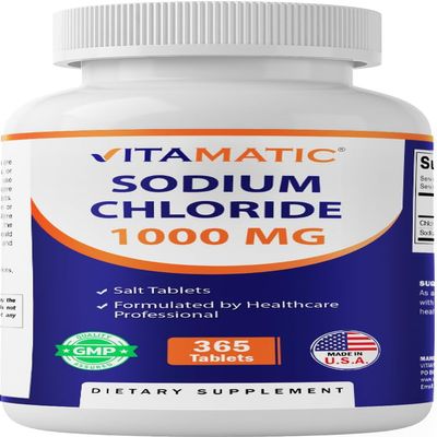 Vitamatic Sodium Chloride 1000mg  365 Tablets Electrolyte Replenisher & Hydration Support  Non-GMO, Gluten-Free