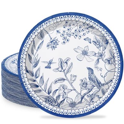 24Pcs Blue White Paper Plates 9 Inch Vintage Flower Bird Design Disposable Plates Spring Floral Decorative Dinner Plates for Birthday Baby Shower Wedding Party Table Decor