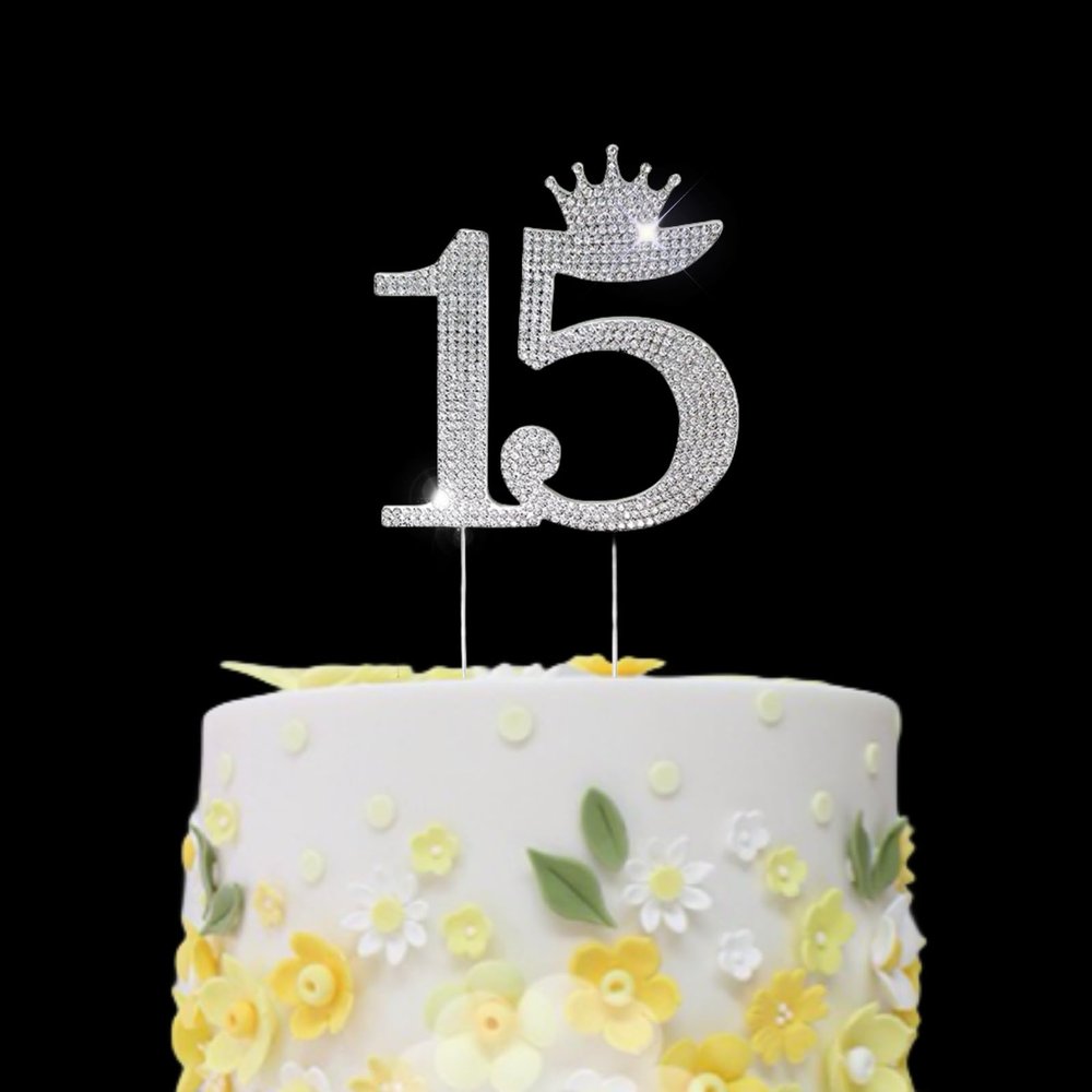 15 Cake Topper, Happy 15th Birthday Cake Topper 15 Wedding Decoration 15th Anniversary Cake Topper Decoration 15 Silver Rhinestone Birthday Decoration