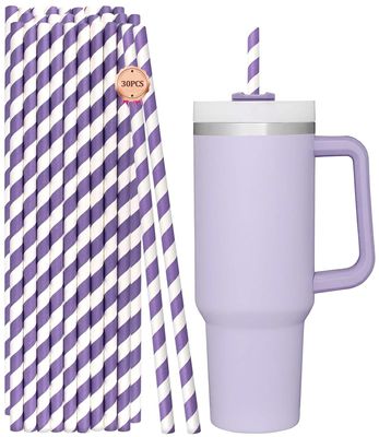 12 Inch Extra Long Paper Straws Disposable, 10mm Wide Stripe Boba Straws for Bubble Tea and Jumbo Drinks (Purple and White, 12in0.4in)