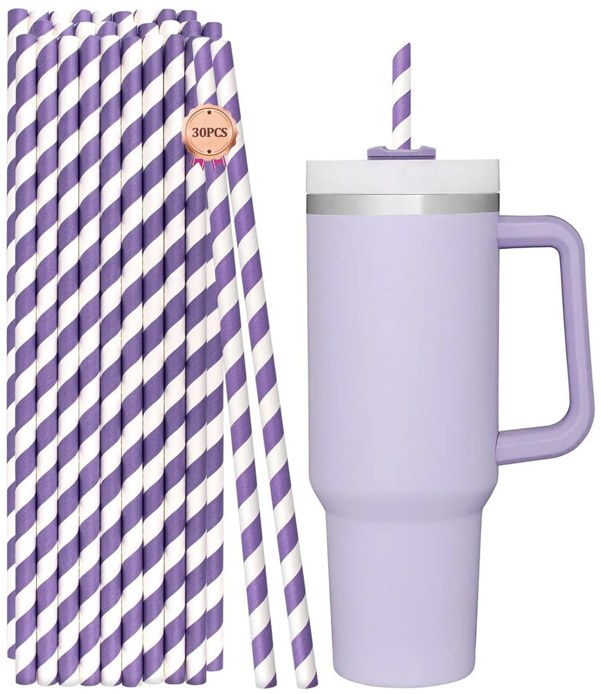12 Inch Extra Long Paper Straws Disposable, 10mm Wide Stripe Boba Straws for Bubble Tea and Jumbo Drinks (Purple and White, 12in0.4in)