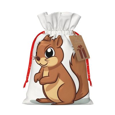 BONDIJ Cartoon squirrel Christmas Gift Bags Reusable Christmas Drawstring Bags with Kraft Tags Xmas Party Favor Bags for Holiday Wrapping Presents