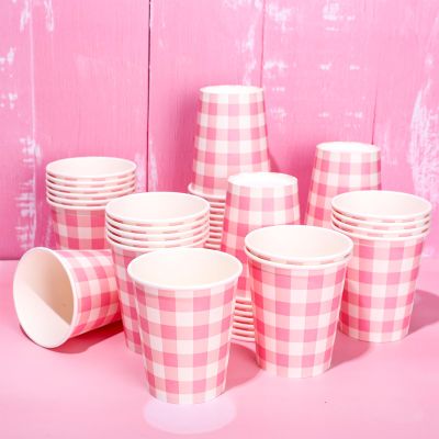 Whaline 50Pcs Buffalo Plaids Paper Cups Light Pink Checkered Disposable Cups Party Decorative Cups for Valentines Day Birthday Cold Hot Drinkware Tableware Decor Supplies, 9 Oz
