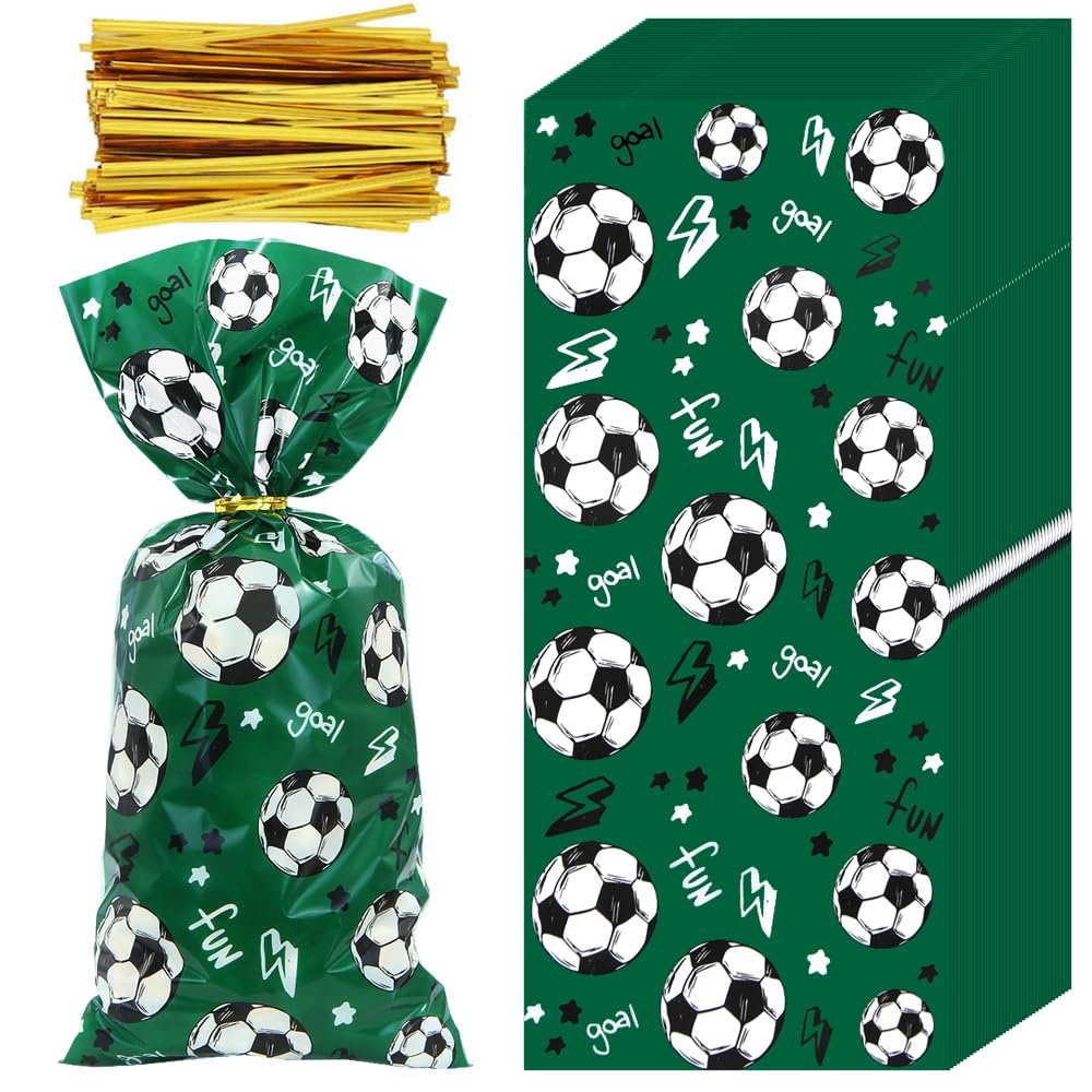 Boerni 100 Pieces Soccer Goodie Bags, Green Goal Fun Football Treat Bags Party Favors Candy Cello Goody Bags with Gold Twist Ties, Football Birthday Party Supplies for Boys Kids Team Gift Snack Bags