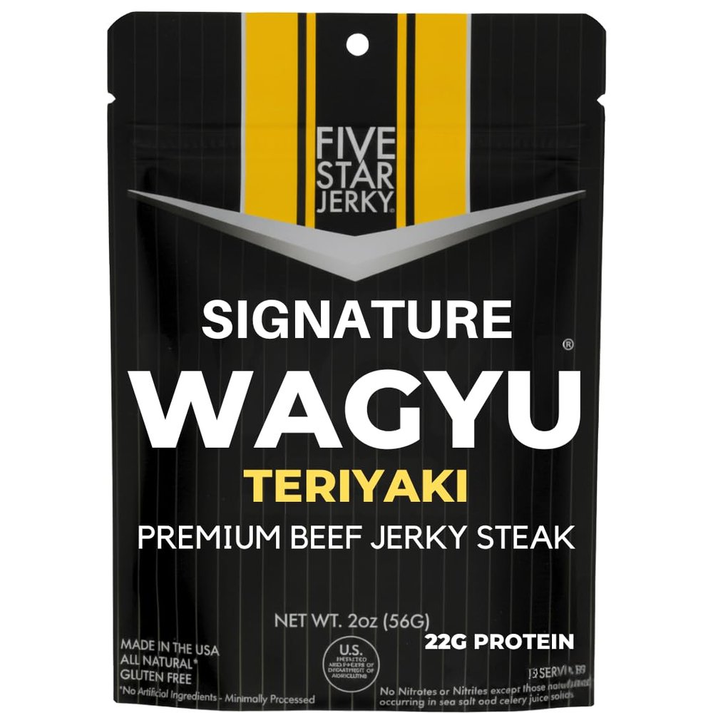 Five Star Wagyu Teriyaki Beef Jerky, Soft & Mouth Melting Tender Jerky, Award-Winning Premium Beef Jerky, No Artificial Ingredients, Premium Gift Snack, Nitrate/Nitrite-Free, Gluten-Free, Wagyu Beef Snacks (4 Pack of 2oz-Total 8oz) Gourmet Beef Jerky