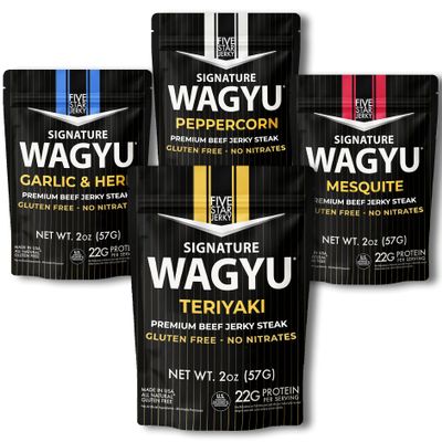 Five Star Wagyu Variety Beef Jerky, Soft & Mouth Melting & Tender, Award-Winning Premium Beef Jerky, No Artificial Ingredients, Premium Gift Snack, Nitrate/Nitrite-Free, Gluten-Free, Wagyu Snacks (4 Pack of 2oz-Total 8oz)