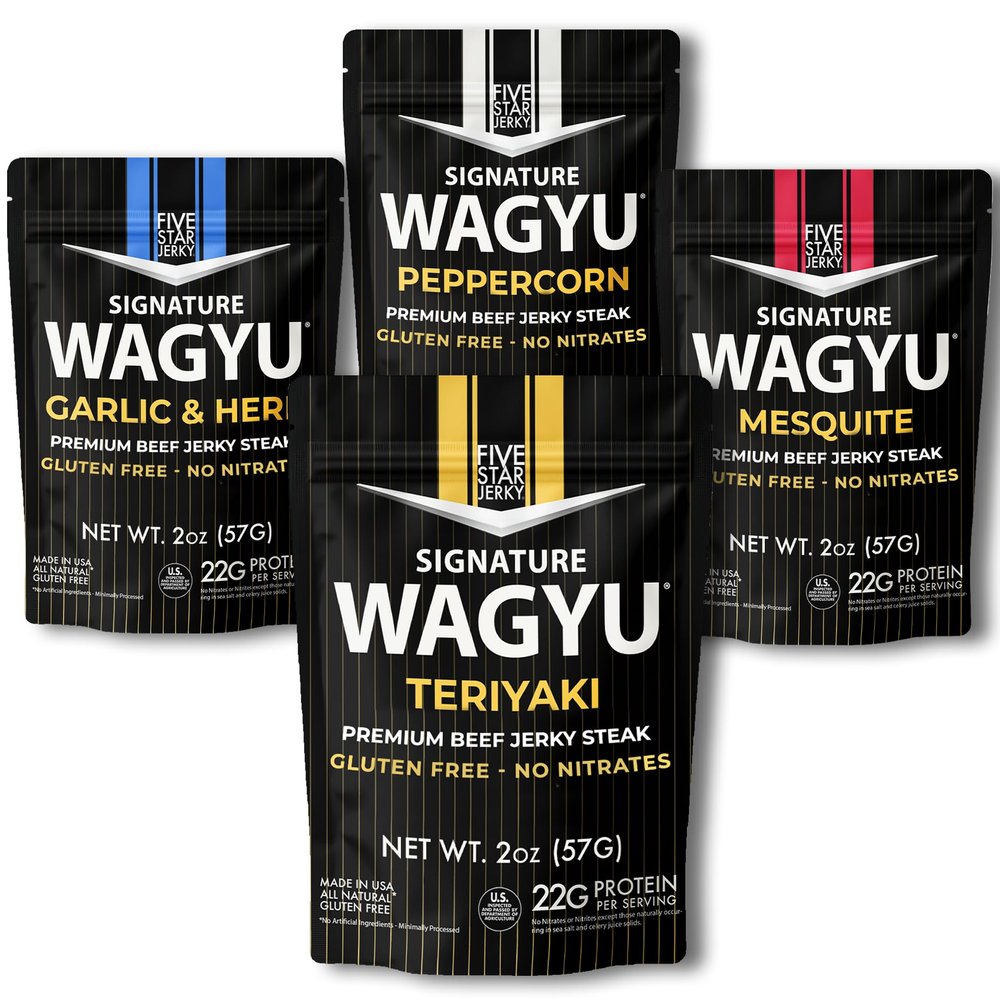Five Star Wagyu Variety Beef Jerky, Soft & Mouth Melting & Tender, Award-Winning Premium Beef Jerky, No Artificial Ingredients, Premium Gift Snack, Nitrate/Nitrite-Free, Gluten-Free, Wagyu Snacks (4 Pack of 2oz-Total 8oz)