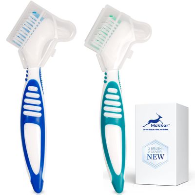 Mckkor Denture Cleaning Brush Set with Dustproof Denture Brush Holder - Denture Brush Toothbrush Set for Denture Cleaning Care - Multi-Layered Bristles & Ergonomic Rubber Handle (Blue & Green)