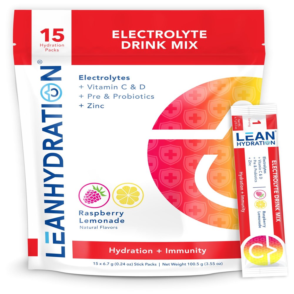 LEAN Hydration Natural Electrolyte Immune Formula - Boost Immunity and Stay Hydrated with Zero Sugar and No Artificial Flavors or Sweeteners 15 ct Packets (Raspberry Lemonade)