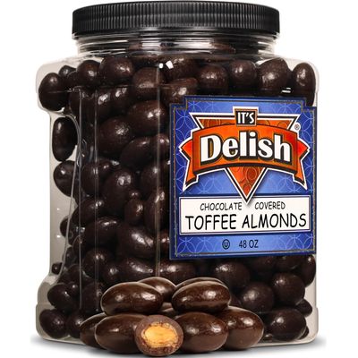 Chocolate Covered Toffee Coated Almonds by It's Delish, 48 OZ Jumbo Container | Dark Chocolate Candy Nuts Bulk Almond Chocolates Sweet & Crunchy Nut Snack | Vegan, Kosher