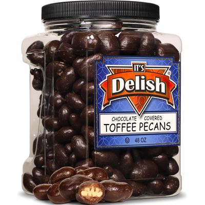 Chocolate Covered Toffee Coated Pecans by It's Delish, 48 OZ Jumbo Container | Dark Chocolate Candy Nuts Bulk Pecans Chocolates Sweet & Crunchy Pecan Nut Snack | Vegan, Kosher