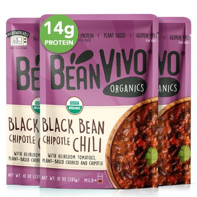 BeanVIVO (Pack of 3) Organics 14g Plant based Protein Black Beans Chipotle Chili - Good Source of Fiber - Nutritious & Microwave Meals - Gluten-Free Plant Food - 10 oz