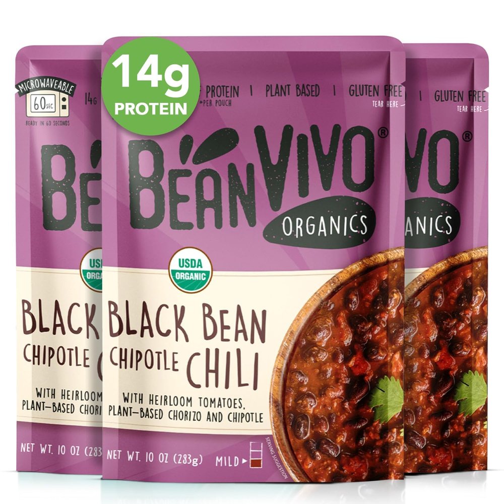 BeanVIVO (Pack of 3) Organics 14g Plant based Protein Black Beans Chipotle Chili - Good Source of Fiber - Nutritious & Microwave Meals - Gluten-Free Plant Food - 10 oz