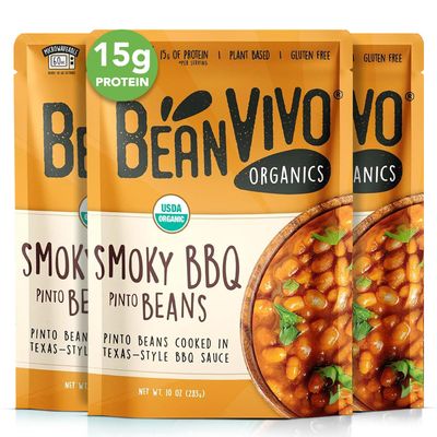 BeanVIVO (Pack of 3) Organics 15g Plant based Protein BBQ Pinto Beans - Good Source of Fiber - Nutritious & Microwave Meals - Gluten-Free Plant Food - 10 oz