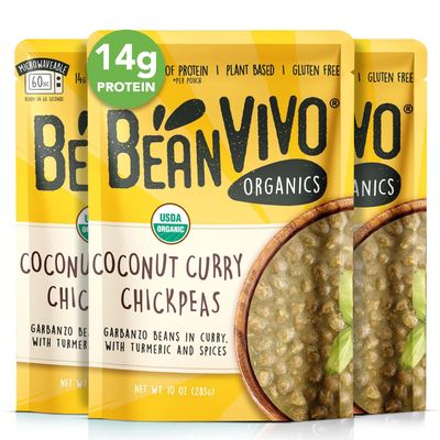BeanVIVO (Pack of 3) Organics 14g Plant based Protein Coconut Curry Chickpeas - Good Source of Fiber - Nutritious & Microwave Meals - Gluten-Free Plant Food - 10 oz