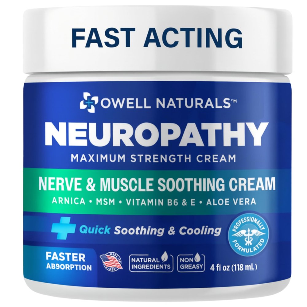 Owell Naturals Neuropathy Nerve Cream, Greaseless, with Arnica, Aloe Vera, MSM, Vitamin B6 for Feet, Hands, Legs, Toes Discomfort, 4 Fl Oz (Pack of 1)