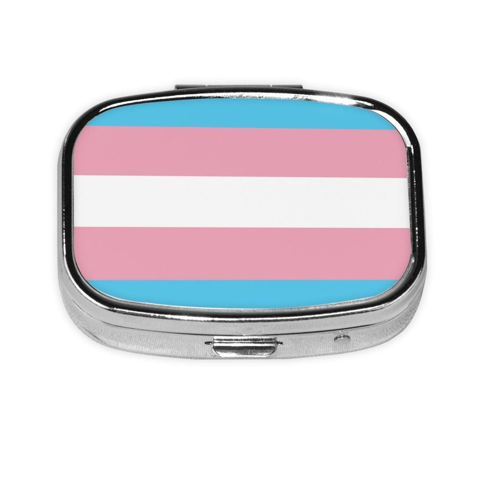 Pill Box 2 Compartment,Trans Pride Flag Mini Pocket-Size Pill Organizer Daily Pill Case Portable Metal Medicine Holder Container
