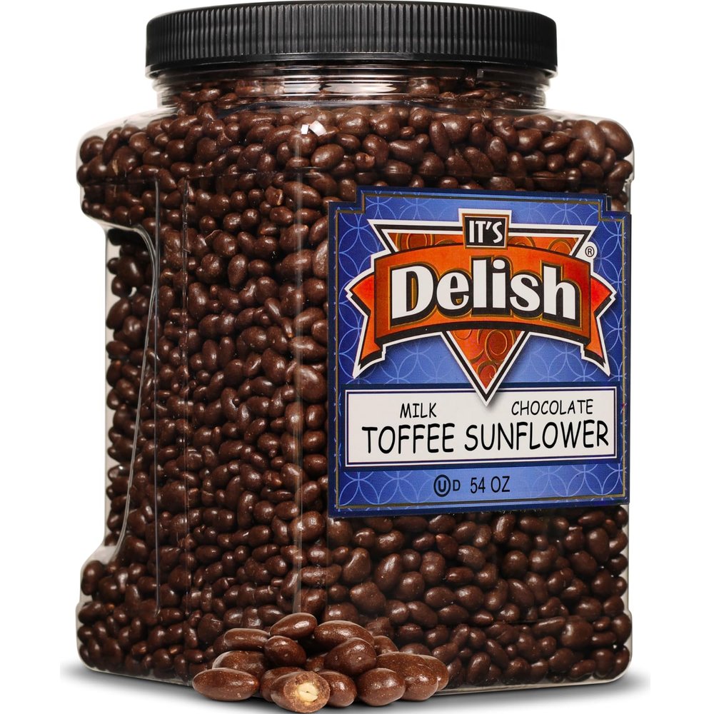 Milk Chocolate Toffee Coated Sunflower by It's Delish, 54 OZ Jumbo Container | Milk Chocolate Covered Candy Nuts Bulk Sunflower Chocolates Sweet & Crunchy Nut Snack | Kosher Dairy