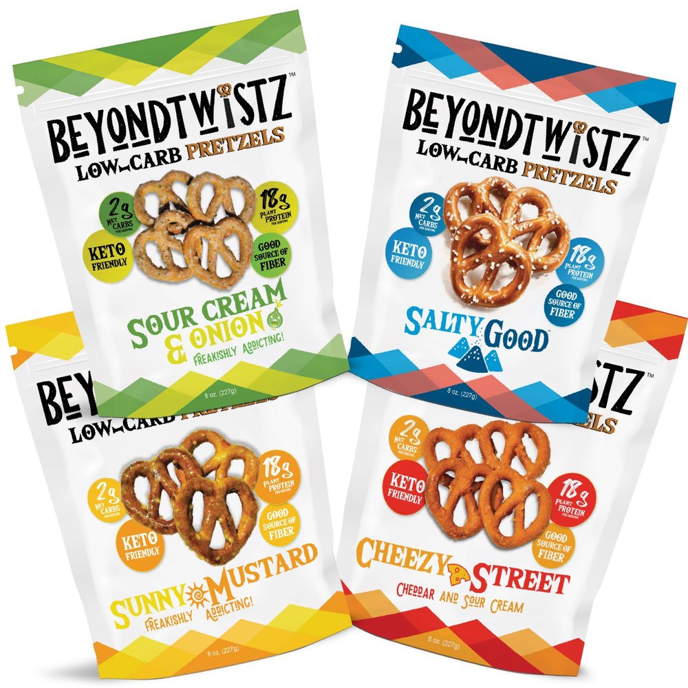 BeyondTwistz Low Carb Pretzels, Starter Pack, Keto Friendly, 2g Net Carbs, 18g Protein, Powered By HealthSense High Fiber Wheat Flour, Family Size 8oz Bag, Pack of 4