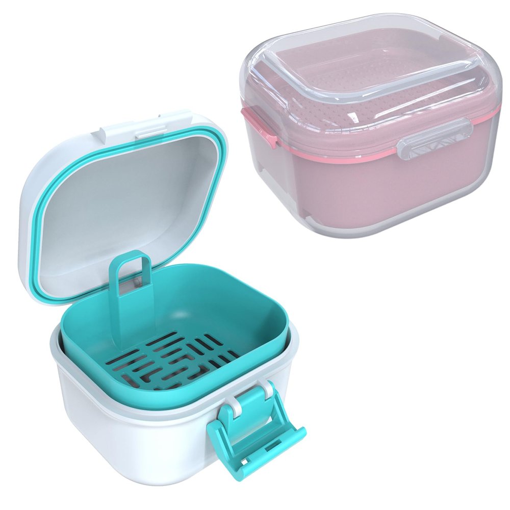 ARGOMAX Denture cup for Soaking Dentures (Dark Pink)+ Leak Proof Denture Bath Cup (White + Cyan).