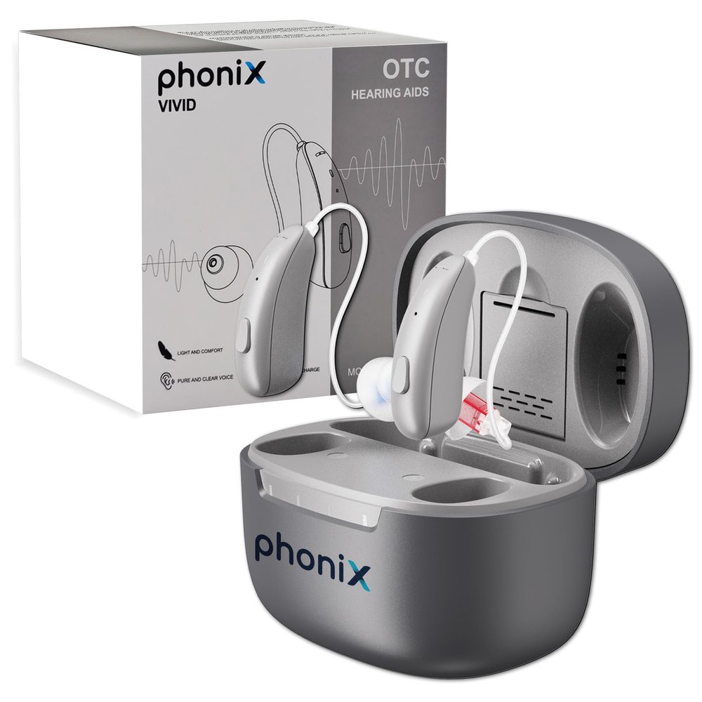 OTC Hearing Aids - Phonix Vivid Noise Cancelling Hearing Aids with 4 Adaptive Programs - Lightweight, Comfortable, & Rechargeable RIC Amplifier for Adults & Veterans