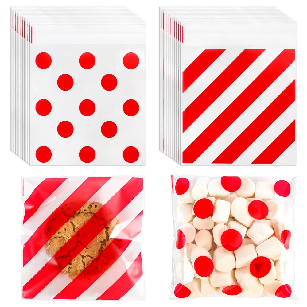CUDICY 200pcs Cellophane Bags 5.5x5.5 Self Sealing Cookie Bags for Packaging Cellophane Treat Bag for Gift Giving Packaging Christmas Valentines Candy Goodie Homemade Bakery
