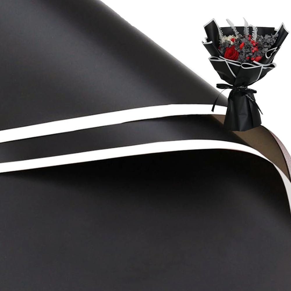 20 Pcs White Edge Black Flower Wrapping Paper, Waterproof Valentine's Day Bouquet Wrapping Paper 23x23 Inches for DIY Crafts, Florist Bouquet Packaging