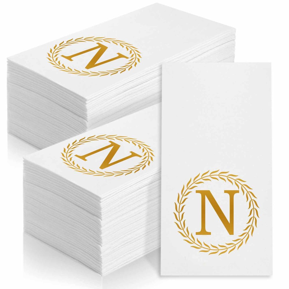 100 Gold Monogram Disposable Napkins - Letter N Hand Towels Decorative, Dinner Napkins for Guest, Monogrammed Hand Towels for Bathroom Wedding Birthday Party Baby Shower