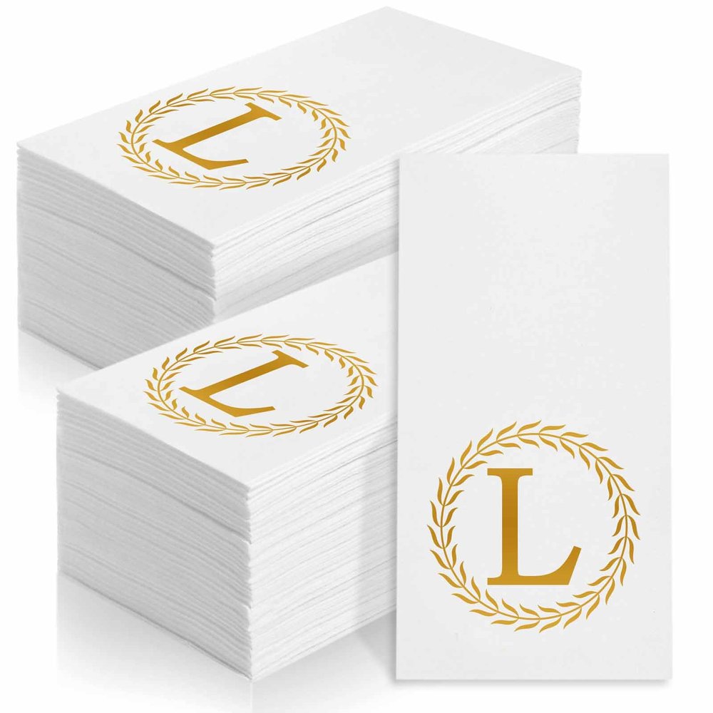 100 Gold Monogram Disposable Napkins - Letter L Hand Towels Decorative, Dinner Napkins for Guest, Monogrammed Hand Towels for Bathroom Wedding Birthday Party Baby Shower
