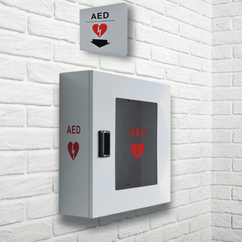 ISOP AED Storage - AED Cabinet Gray + Sign | Wall-Mounted Box | Aluminium Outdoor Indoor Defribillator Cabinet - Survival Kit | Emergency Equipment | Wall Mounted Rescue Equipment | Caja para DAE