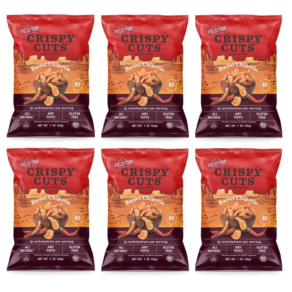 Field Trip Gluten Free Pork Rinds, Paleo and Keto Friendly Airy Puffs, Crunchy High Protein Snacks, Low Carb Snack from Back Pork Skins, 1oz Bag, 6 Pack, Sweet Chipotle