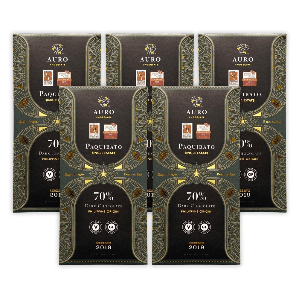 Auro Reserve Paquibato 70% Dark Chocolate 5 Pack - Filipino Chocolate - Premium, Made At Origin, Direct Trade, Bean-to-Bar, Woman Owned, BIPOC Owned - Vegan, Gluten-Free, Halal - Bundle