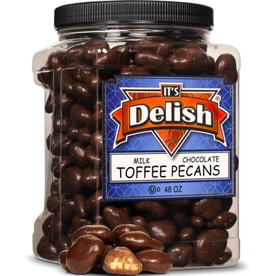 Milk Chocolate Toffee Coated Pecans by It's Delish, 48 Oz Jumbo Container | Milk Chocolate Covered Candy Nuts Bulk Pecans Chocolates Sweet & Crunchy Pecan Nut Snack | Kosher Dairy