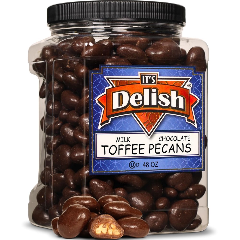 Milk Chocolate Toffee Coated Pecans by It's Delish, 48 Oz Jumbo Container | Milk Chocolate Covered Candy Nuts Bulk Pecans Chocolates Sweet & Crunchy Pecan Nut Snack | Kosher Dairy