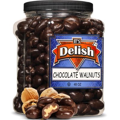 Dark Chocolate Covered Walnuts by It's Delish, 48 OZ Jumbo Container | Chocolate Walnut Candy Nuts Bulk Walnuts Chocolates Sweet & Crunchy Nut Snack | Vegan, Kosher
