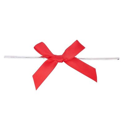 10 Little 3 inch Bright Red Soft Satin Small Christmas Ribbon Ornament Gift Bows with Silver Twist Wire Tie