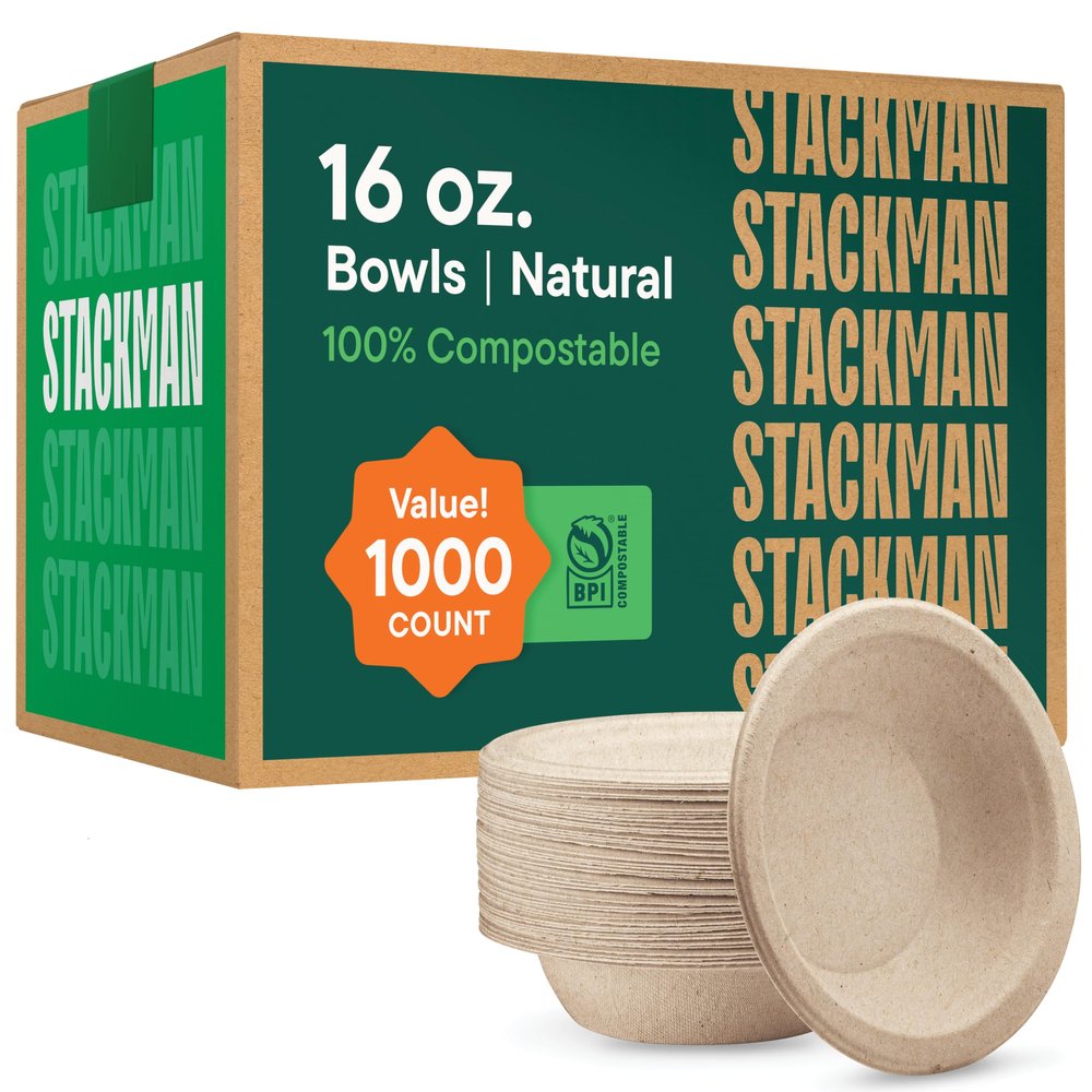 100% Compostable Paper Bowls 16 oz. [1000 Count] Heavy-Duty Soup Bowls - Natural Brown Color Unbleached Bagasse Bowls - Eco-Friendly Disposable Biodegradable Sugarcane - [Bulk Case 8/125 Pack]