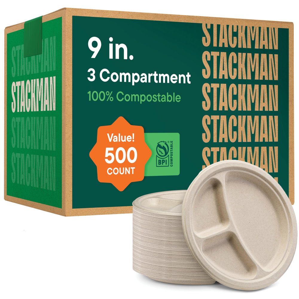 100% Compostable Paper Plates 9 Inch Bulk [500 Count] Heavy-Duty Dinner Plates with Compartments - Natural Brown Color Bagasse - Eco-Friendly Disposable Biodegradable Sugarcane - [Case 4/125 Pack]