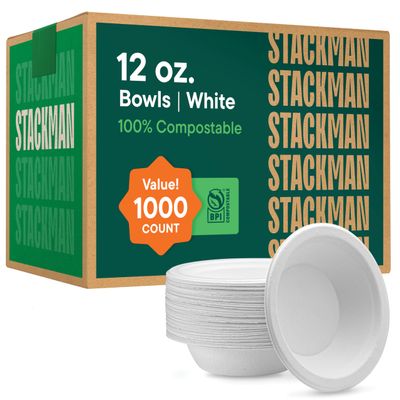 100% Compostable Paper Bowls 12 oz. [1000 Count] Heavy-Duty Soup Bowls - Natural White Color Unbleached Bagasse Bowls - Eco-Friendly Disposable Biodegradable Sugarcane - [Bulk Case 8 x 125 Pack]