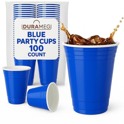 Blue Disposable Plastic Cups [100 Pack 16 oz.] Party & Fun Pong Cups - Durable Cups for Water, Beer, Booze, Smoothie, Games - Large Cold Drink Cups