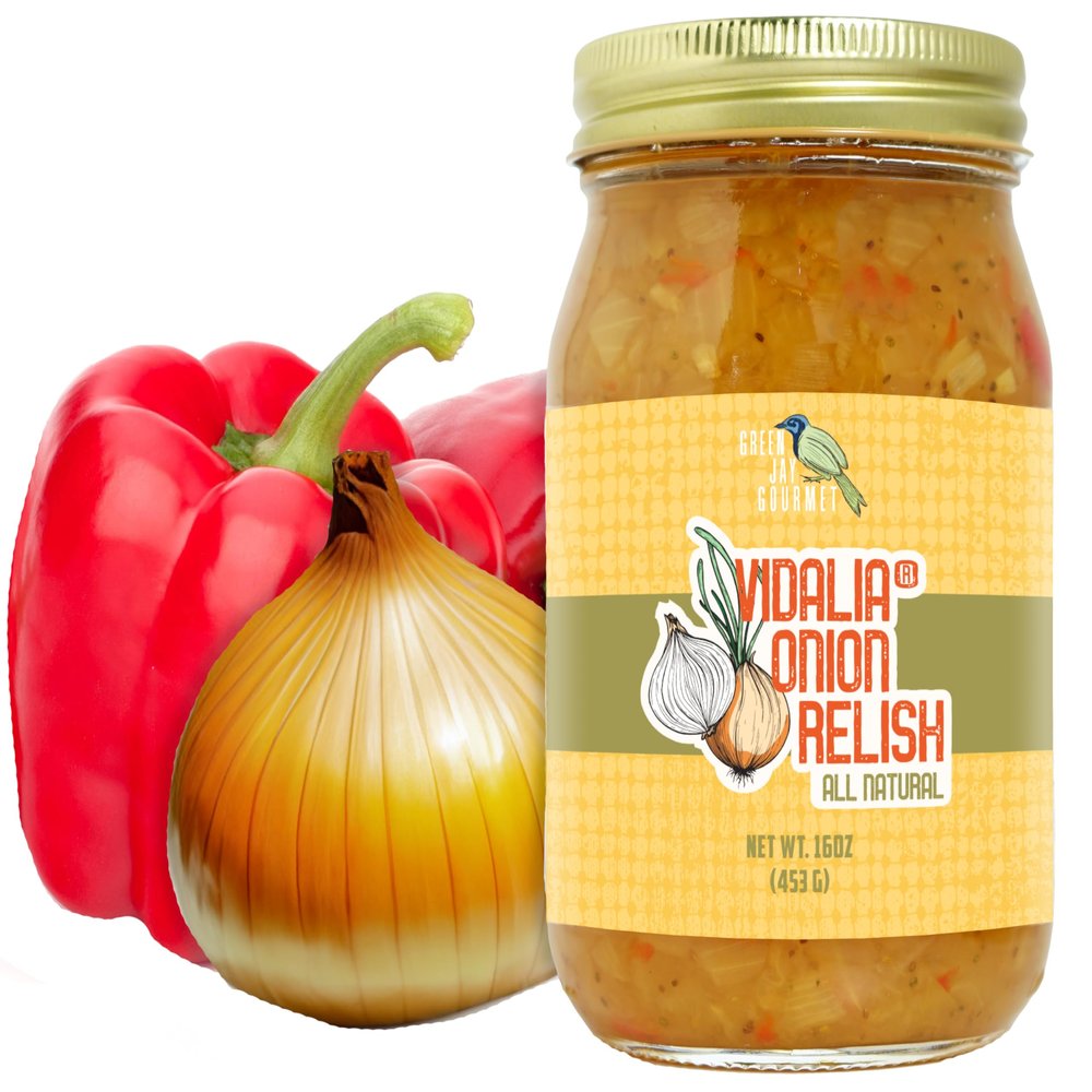 Green Jay Gourmet Relish - Vidalia Onion Relish & Spread - USA Made - For Burgers, Hot Dogs, Sandwiches & More - Gluten-Free, No MSG & Small-Batch - 16 Ounces