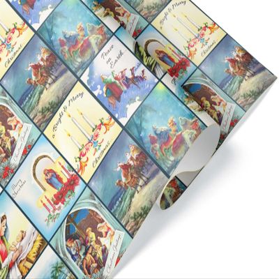 Vintage Christmas Prayer Card Religious Christmas Wrapping Paper, Christian Gift Wrap, Virgin Mary Birth of Jesus Celebration Holiday, Nativity Theme Decor (12 foot x 30 inch roll)