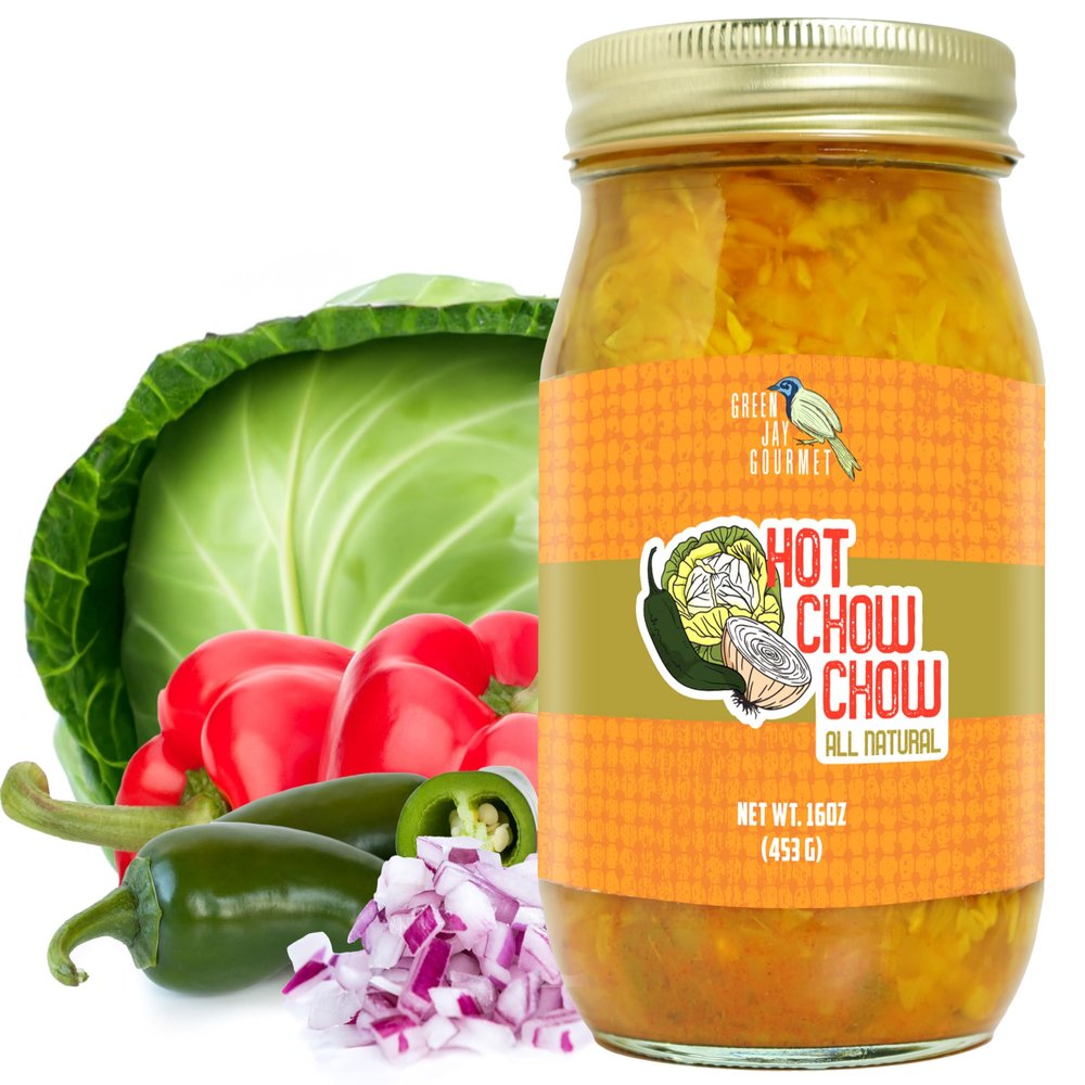 Green Jay Gourmet Relish - Hot Chow Chow Relish - Hot Southern Relish & Spread - USA Made - For Burgers, Hot Dogs, Sandwiches & More - Gluten-Free, No MSG & Small-Batch - 16 Ounces