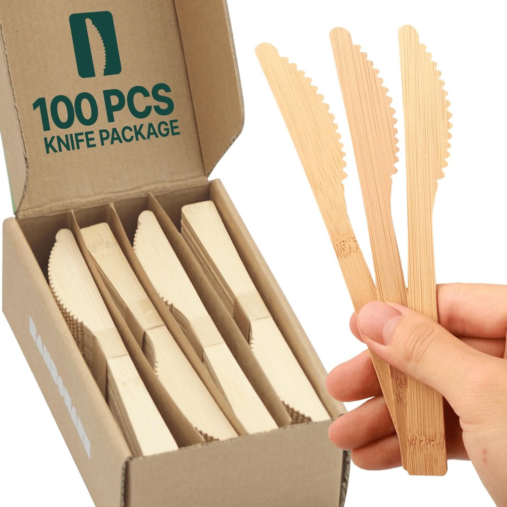 100% Bamboo Utensils - Carbonized Disposable Cutlery Biodegradable and Sanitized - Heavy Duty & Fully Functional (Knife - 100)