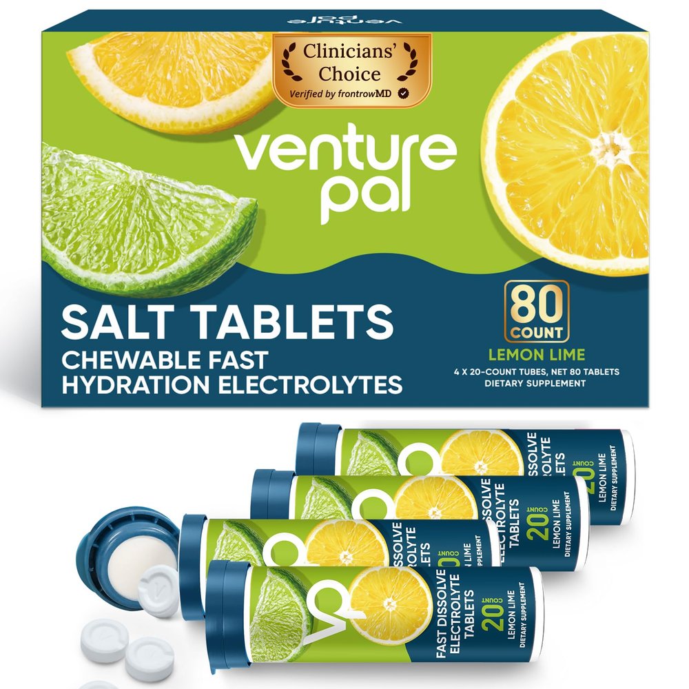 Venture Pal Chewable Electrolyte Tablets, 80 Count Fast-Dissolve Sugar-Free Stick Salt Tablets,Gluten Free Variety Pack for Rapid Hydration, Outdoor Running, Hiking | Keto & Vegan Friendly | 4 Pack